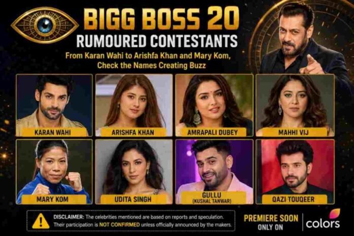Bigg Boss 20, Bigg Boss 20 contestants, Bigg Boss 20 rumoured contestants, Bigg Boss 20 contestants list, Bigg Boss 20 rumours, Bigg Boss 20 latest news, Karan Wahi Bigg Boss 20, Arishfa Khan Bigg Boss 20, Mary Kom Bigg Boss 20, Amrapali Dubey Bigg Boss 20, Mahhi Vij Bigg Boss 20, Udita Singh Bigg Boss 20, Kushal Tanwar Bigg Boss 20, Gullu Bigg Boss 20, Qazi Touqeer Bigg Boss 20, Salman Khan Bigg Boss 20