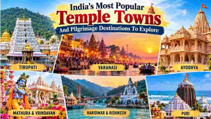 Famous temple towns and pilgrimage destinations in India, including Tirupati, Varanasi, Ayodhya and Puri